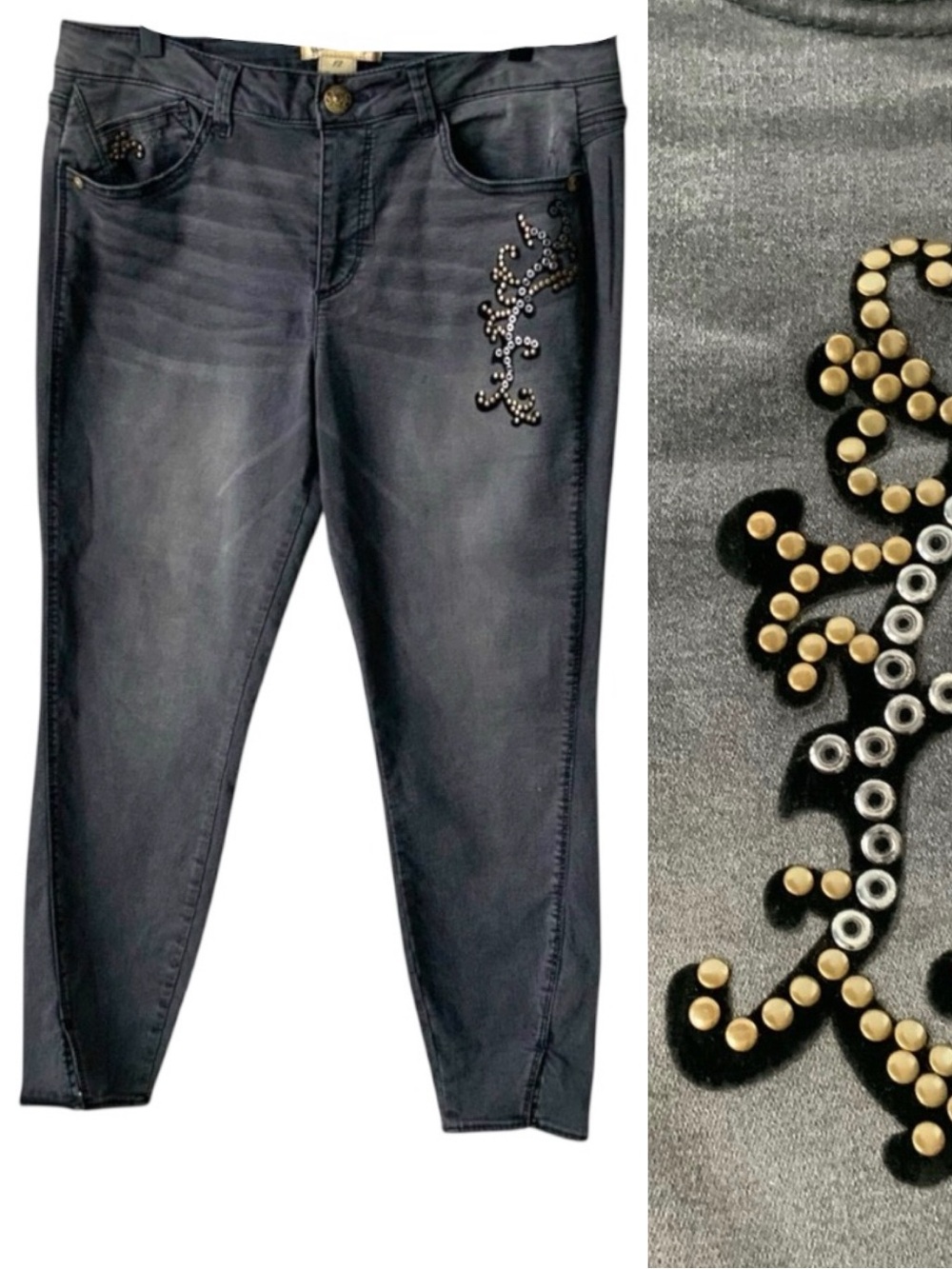 DEMOCRACY Jeans Freedom Ankle Skimmer Embellished Faded Black Charcoal Size 12